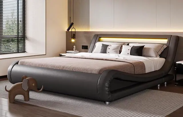 Main image of LED Full Bed Frame with Adjustable Headboard - Low Profile Sleigh Design, Strong Wood Slats Support and Mattress Foundation, No Box Spring Needed, Grey