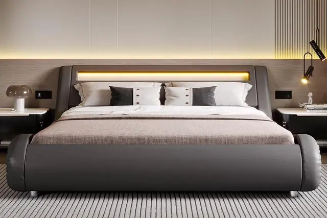 Alt view image 6 of 7 - LED Full Bed Frame with Adjustable Headboard - Low Profile Sleigh Design, Strong Wood Slats Support and Mattress Foundation, No Box Spring Needed, Grey