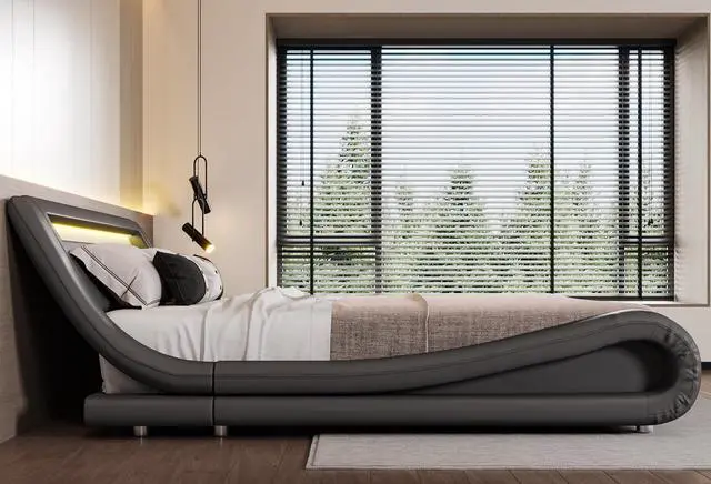 Alt view image 7 of 7 - LED Full Bed Frame with Adjustable Headboard - Low Profile Sleigh Design, Strong Wood Slats Support and Mattress Foundation, No Box Spring Needed, Grey