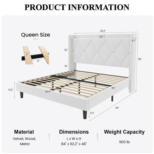 Alt view image 2 of 7 - Queen Velvet Upholstered Bed Frame with Charging Station, Modern Wingback Storage Headboard, Diamond Stitched & Gold Trim, No Box Spring Needed, Easy Assembly, White