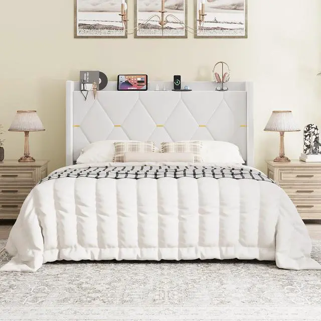 Alt view image 3 of 7 - Queen Velvet Upholstered Bed Frame with Charging Station, Modern Wingback Storage Headboard, Diamond Stitched & Gold Trim, No Box Spring Needed, Easy Assembly, White
