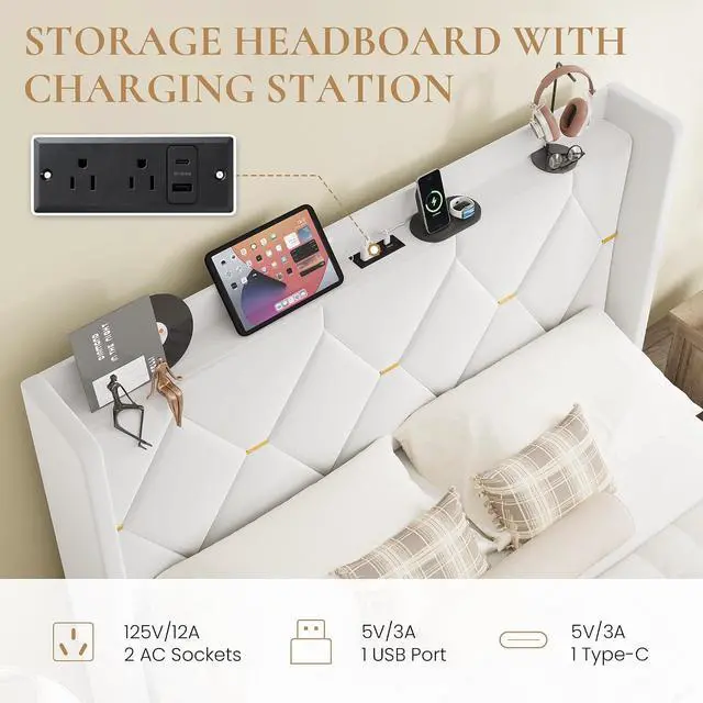 Alt view image 4 of 7 - Queen Velvet Upholstered Bed Frame with Charging Station, Modern Wingback Storage Headboard, Diamond Stitched & Gold Trim, No Box Spring Needed, Easy Assembly, White