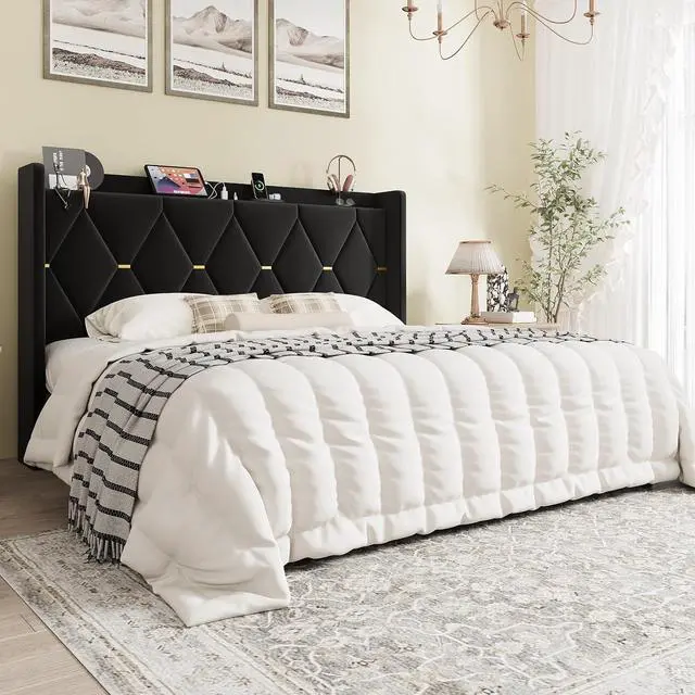 Main image of King Size Velvet Upholstered Bed Frame with Charging Station, Modern Wingback Storage Headboard, Diamond Stitched & Gold Trim, No Box Spring Needed, Easy Assembly, Black