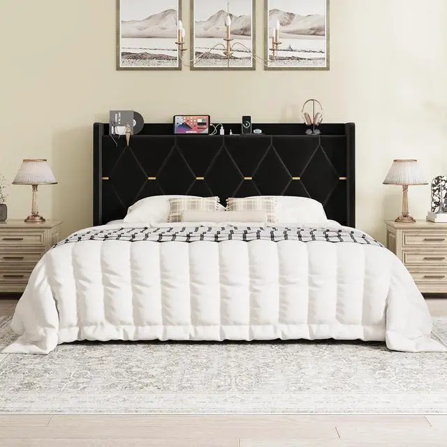 Alt view image 3 of 7 - King Size Velvet Upholstered Bed Frame with Charging Station, Modern Wingback Storage Headboard, Diamond Stitched & Gold Trim, No Box Spring Needed, Easy Assembly, Black