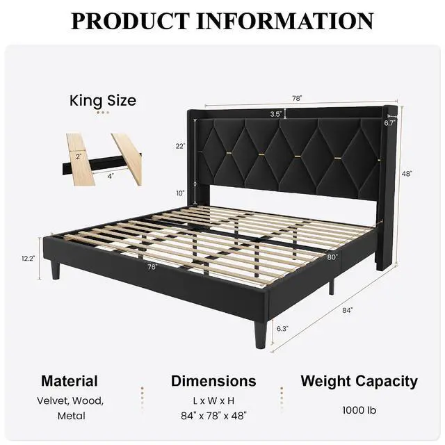 Alt view image 2 of 7 - King Size Velvet Upholstered Bed Frame with Charging Station, Modern Wingback Storage Headboard, Diamond Stitched & Gold Trim, No Box Spring Needed, Easy Assembly, Black