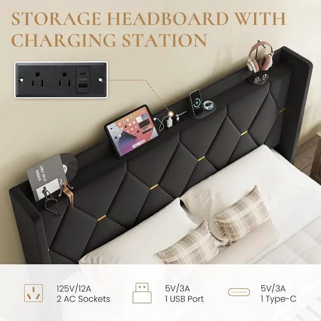 Alt view image 4 of 7 - King Size Velvet Upholstered Bed Frame with Charging Station, Modern Wingback Storage Headboard, Diamond Stitched & Gold Trim, No Box Spring Needed, Easy Assembly, Black