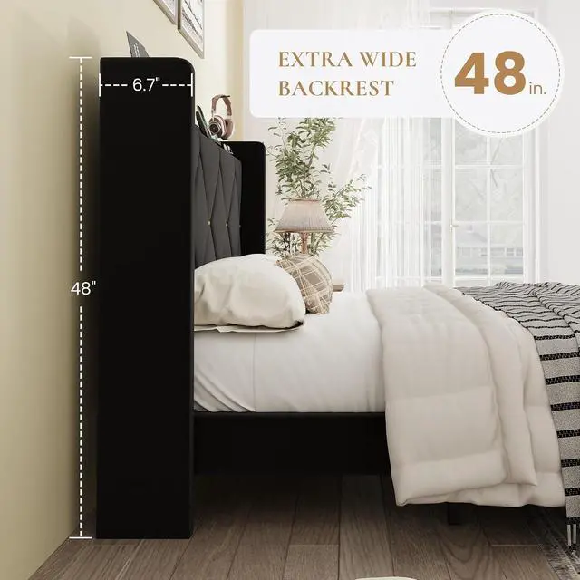 Alt view image 7 of 7 - Queen Velvet Upholstered Bed Frame with Charging Station, Modern Wingback Storage Headboard, Diamond Stitched & Gold Trim, No Box Spring Needed, Easy Assembly, Black
