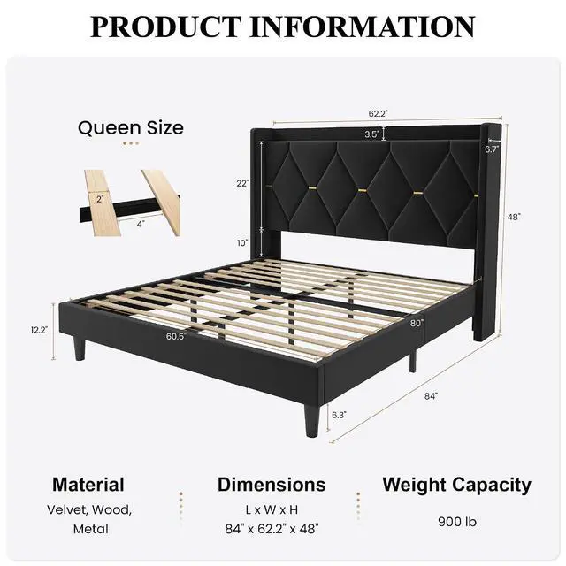Alt view image 2 of 7 - Queen Velvet Upholstered Bed Frame with Charging Station, Modern Wingback Storage Headboard, Diamond Stitched & Gold Trim, No Box Spring Needed, Easy Assembly, Black