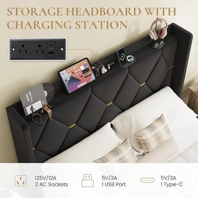 Alt view image 4 of 7 - Queen Velvet Upholstered Bed Frame with Charging Station, Modern Wingback Storage Headboard, Diamond Stitched & Gold Trim, No Box Spring Needed, Easy Assembly, Black