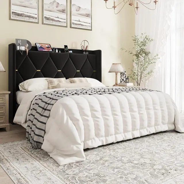 Main image of Queen Velvet Upholstered Bed Frame with Charging Station, Modern Wingback Storage Headboard, Diamond Stitched & Gold Trim, No Box Spring Needed, Easy Assembly, Black