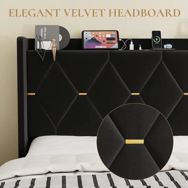 Alt view image 6 of 7 - Queen Velvet Upholstered Bed Frame with Charging Station, Modern Wingback Storage Headboard, Diamond Stitched & Gold Trim, No Box Spring Needed, Easy Assembly, Black