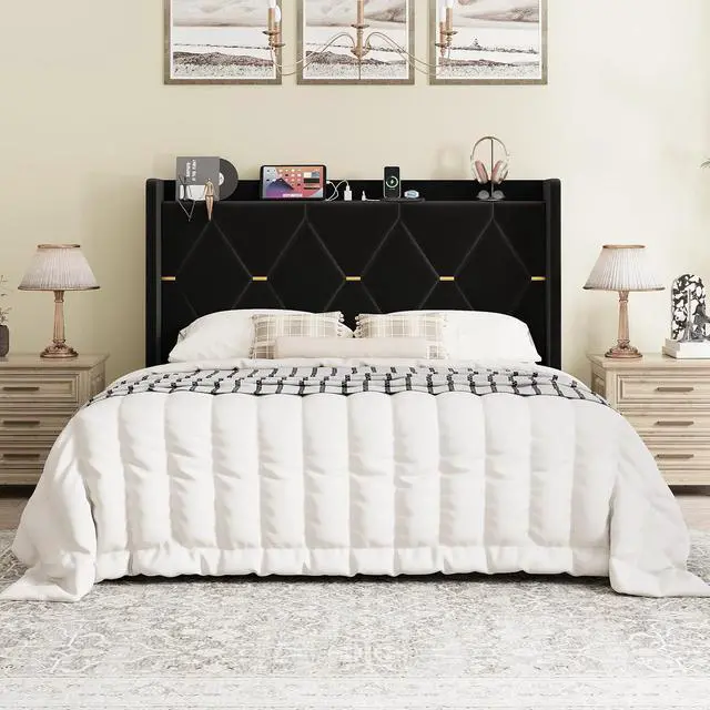 Alt view image 3 of 7 - Queen Velvet Upholstered Bed Frame with Charging Station, Modern Wingback Storage Headboard, Diamond Stitched & Gold Trim, No Box Spring Needed, Easy Assembly, Black