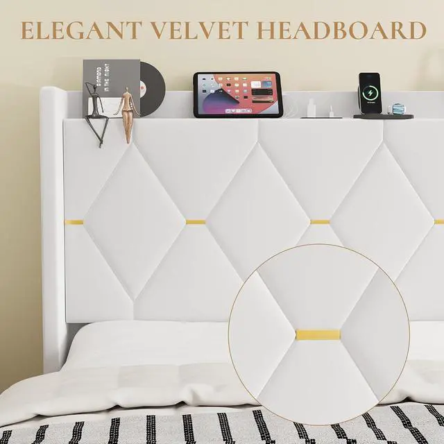 Alt view image 6 of 7 - Queen Velvet Upholstered Bed Frame with Charging Station, Modern Wingback Storage Headboard, Diamond Stitched & Gold Trim, No Box Spring Needed, Easy Assembly, White