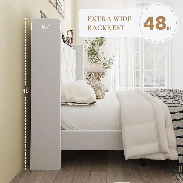 Alt view image 7 of 7 - Queen Velvet Upholstered Bed Frame with Charging Station, Modern Wingback Storage Headboard, Diamond Stitched & Gold Trim, No Box Spring Needed, Easy Assembly, White
