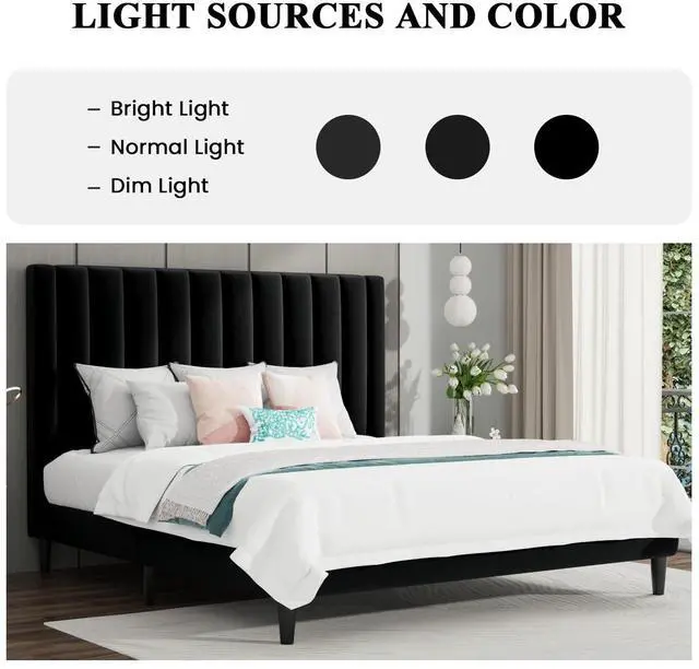 Alt view image 3 of 7 - King Bed Frame/Velvet Upholstered Platform Bed Frame with Headboard/Strong Wood Slats Support/Mattress Foundation/No Box Spring Needed - Black