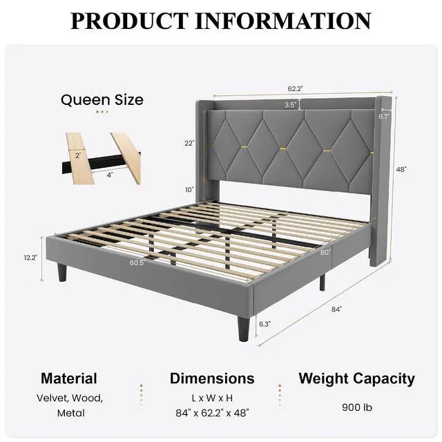 Alt view image 2 of 7 - Queen Velvet Upholstered Bed Frame with Charging Station, Modern Wingback Storage Headboard, Diamond Stitched & Gold Trim, No Box Spring Needed, Easy Assembly, Grey