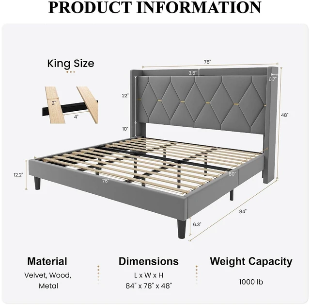 Alt view image 2 of 7 - King Size Velvet Upholstered Bed Frame with Charging Station, Modern Wingback Storage Headboard, Diamond Stitched & Gold Trim, No Box Spring Needed, Easy Assembly, Grey