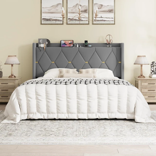 Alt view image 3 of 7 - King Size Velvet Upholstered Bed Frame with Charging Station, Modern Wingback Storage Headboard, Diamond Stitched & Gold Trim, No Box Spring Needed, Easy Assembly, Grey