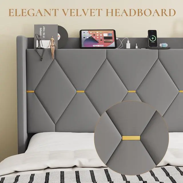 Alt view image 6 of 7 - Queen Velvet Upholstered Bed Frame with Charging Station, Modern Wingback Storage Headboard, Diamond Stitched & Gold Trim, No Box Spring Needed, Easy Assembly, Grey
