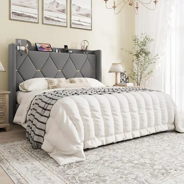 Main image of Queen Velvet Upholstered Bed Frame with Charging Station, Modern Wingback Storage Headboard, Diamond Stitched & Gold Trim, No Box Spring Needed, Easy Assembly, Grey