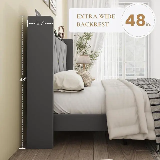 Alt view image 7 of 7 - Queen Velvet Upholstered Bed Frame with Charging Station, Modern Wingback Storage Headboard, Diamond Stitched & Gold Trim, No Box Spring Needed, Easy Assembly, Grey
