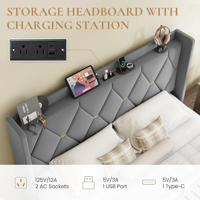 Alt view image 4 of 7 - King Size Velvet Upholstered Bed Frame with Charging Station, Modern Wingback Storage Headboard, Diamond Stitched & Gold Trim, No Box Spring Needed, Easy Assembly, Grey