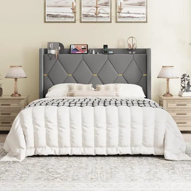 Alt view image 3 of 7 - Queen Velvet Upholstered Bed Frame with Charging Station, Modern Wingback Storage Headboard, Diamond Stitched & Gold Trim, No Box Spring Needed, Easy Assembly, Grey