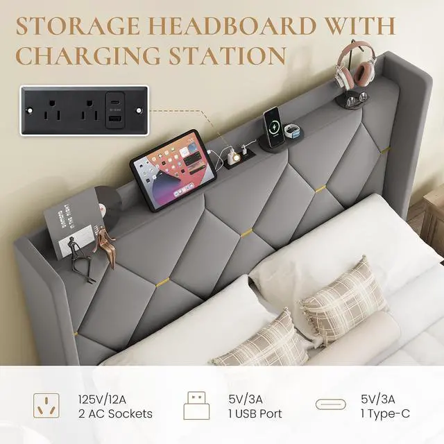Alt view image 4 of 7 - Queen Velvet Upholstered Bed Frame with Charging Station, Modern Wingback Storage Headboard, Diamond Stitched & Gold Trim, No Box Spring Needed, Easy Assembly, Grey