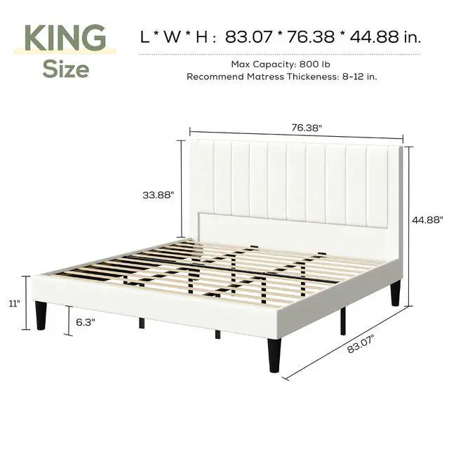 Alt view image 2 of 7 - King Bed Frame with Velvet Upholstered Headboard, Platform Bed Frame Mattress Foundation, No Box Spring Needed, Strong Wood Slat Support, Noise Free, Easy Assembly, White