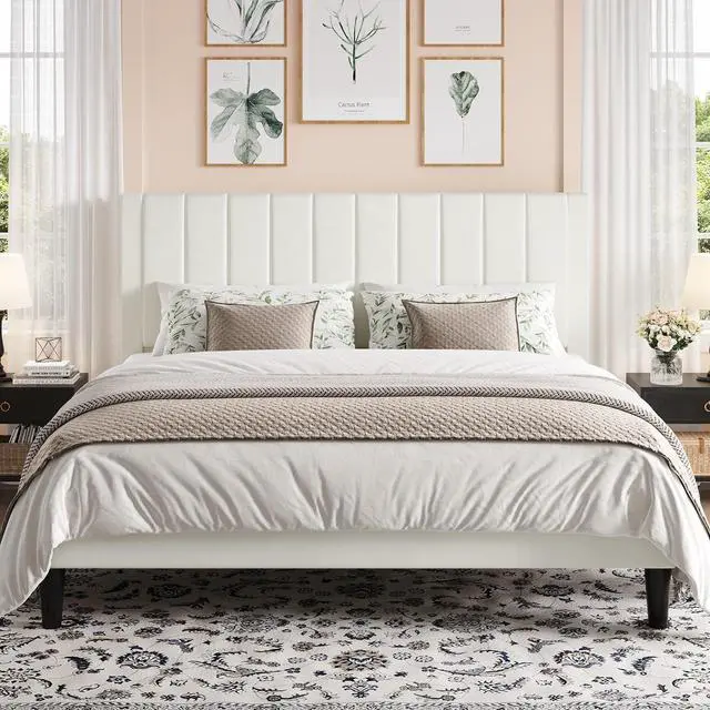 Main image of King Bed Frame with Velvet Upholstered Headboard, Platform Bed Frame Mattress Foundation, No Box Spring Needed, Strong Wood Slat Support, Noise Free, Easy Assembly, White