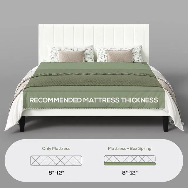 Alt view image 5 of 7 - King Bed Frame with Velvet Upholstered Headboard, Platform Bed Frame Mattress Foundation, No Box Spring Needed, Strong Wood Slat Support, Noise Free, Easy Assembly, White