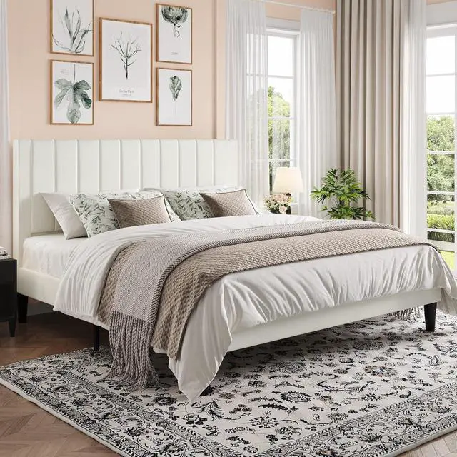 Alt view image 3 of 7 - King Bed Frame with Velvet Upholstered Headboard, Platform Bed Frame Mattress Foundation, No Box Spring Needed, Strong Wood Slat Support, Noise Free, Easy Assembly, White