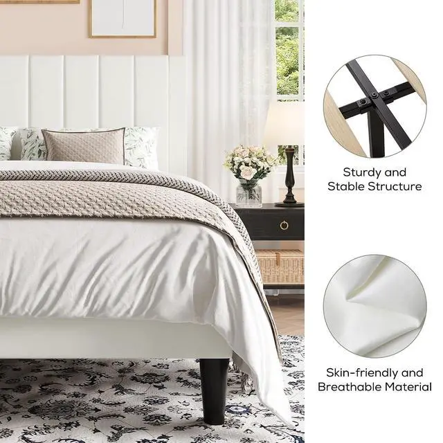Alt view image 4 of 7 - King Bed Frame with Velvet Upholstered Headboard, Platform Bed Frame Mattress Foundation, No Box Spring Needed, Strong Wood Slat Support, Noise Free, Easy Assembly, White