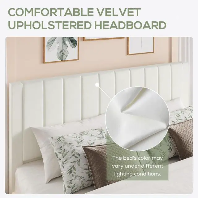 Alt view image 7 of 7 - King Bed Frame with Velvet Upholstered Headboard, Platform Bed Frame Mattress Foundation, No Box Spring Needed, Strong Wood Slat Support, Noise Free, Easy Assembly, White