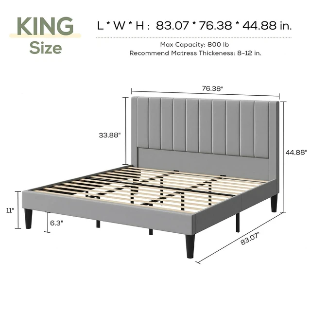 Alt view image 2 of 7 - King Bed Frame with Velvet Upholstered Headboard, Platform Bed Frame Mattress Foundation, No Box Spring Needed, Strong Wood Slat Support, Noise Free, Easy Assembly, Gray