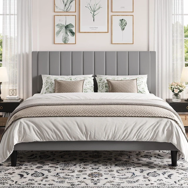 Main image of King Bed Frame with Velvet Upholstered Headboard, Platform Bed Frame Mattress Foundation, No Box Spring Needed, Strong Wood Slat Support, Noise Free, Easy Assembly, Gray