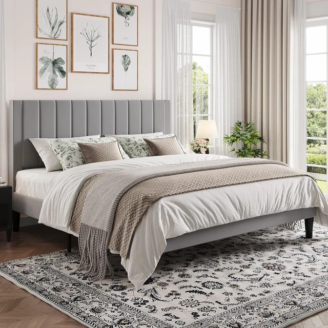 Alt view image 3 of 7 - King Bed Frame with Velvet Upholstered Headboard, Platform Bed Frame Mattress Foundation, No Box Spring Needed, Strong Wood Slat Support, Noise Free, Easy Assembly, Gray