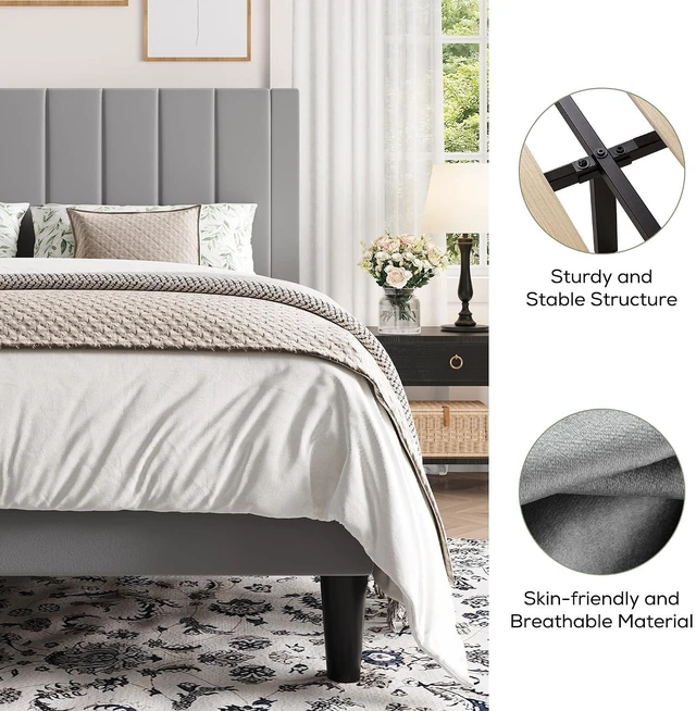 Alt view image 5 of 7 - King Bed Frame with Velvet Upholstered Headboard, Platform Bed Frame Mattress Foundation, No Box Spring Needed, Strong Wood Slat Support, Noise Free, Easy Assembly, Gray