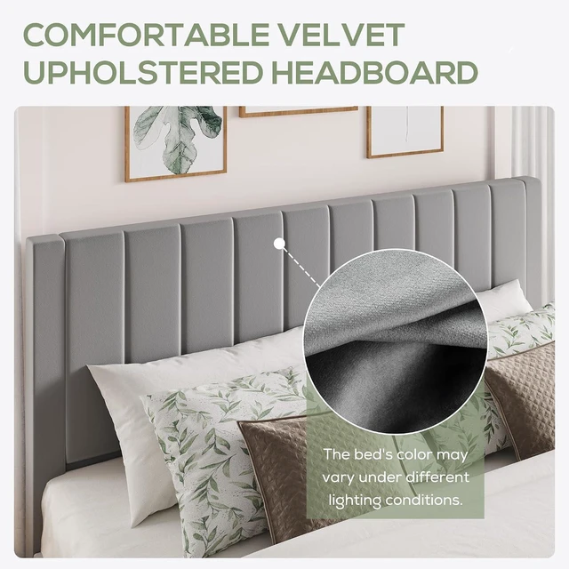 Alt view image 4 of 7 - King Bed Frame with Velvet Upholstered Headboard, Platform Bed Frame Mattress Foundation, No Box Spring Needed, Strong Wood Slat Support, Noise Free, Easy Assembly, Gray