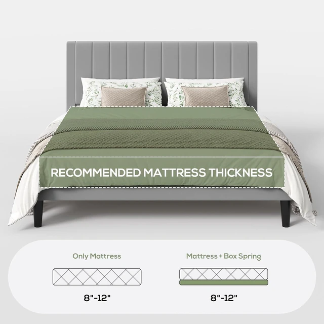 Alt view image 6 of 7 - King Bed Frame with Velvet Upholstered Headboard, Platform Bed Frame Mattress Foundation, No Box Spring Needed, Strong Wood Slat Support, Noise Free, Easy Assembly, Gray