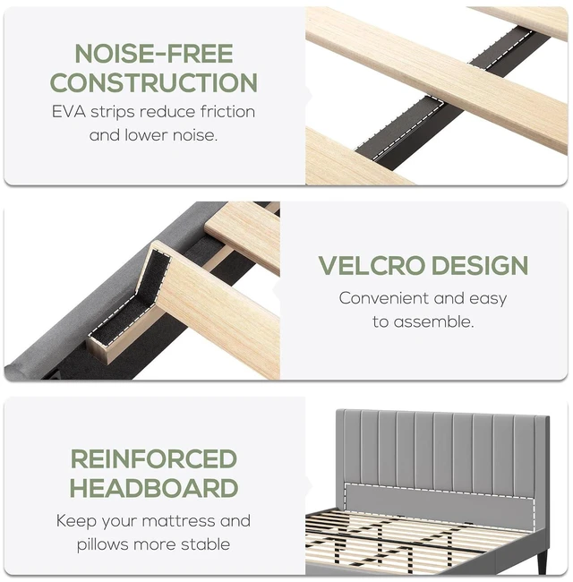 Alt view image 7 of 7 - King Bed Frame with Velvet Upholstered Headboard, Platform Bed Frame Mattress Foundation, No Box Spring Needed, Strong Wood Slat Support, Noise Free, Easy Assembly, Gray