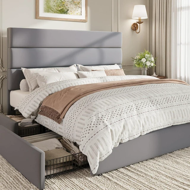 Main image of Queen Size Platform Bed Frame with 4 Storage Drawers, Velvet Upholstered Headboard, Mattress Foundation with Wooden Slats Support, No Box Spring Needed, Easy Assembly, Grey