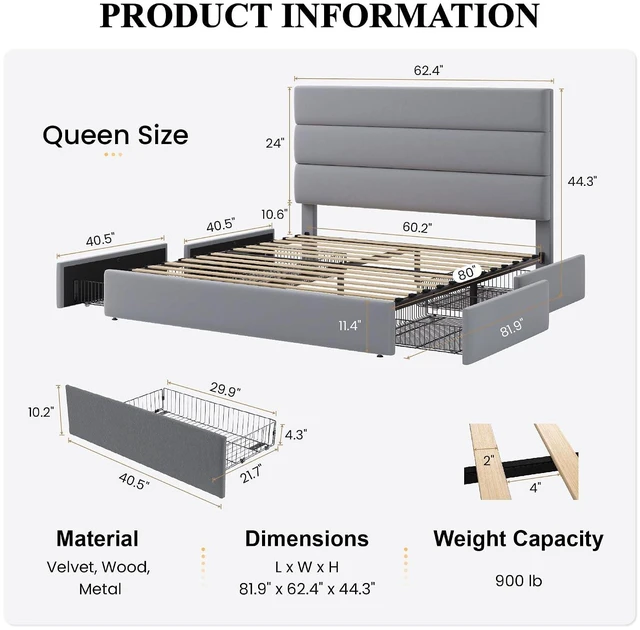 Alt view image 2 of 7 - Queen Size Platform Bed Frame with 4 Storage Drawers, Velvet Upholstered Headboard, Mattress Foundation with Wooden Slats Support, No Box Spring Needed, Easy Assembly, Grey