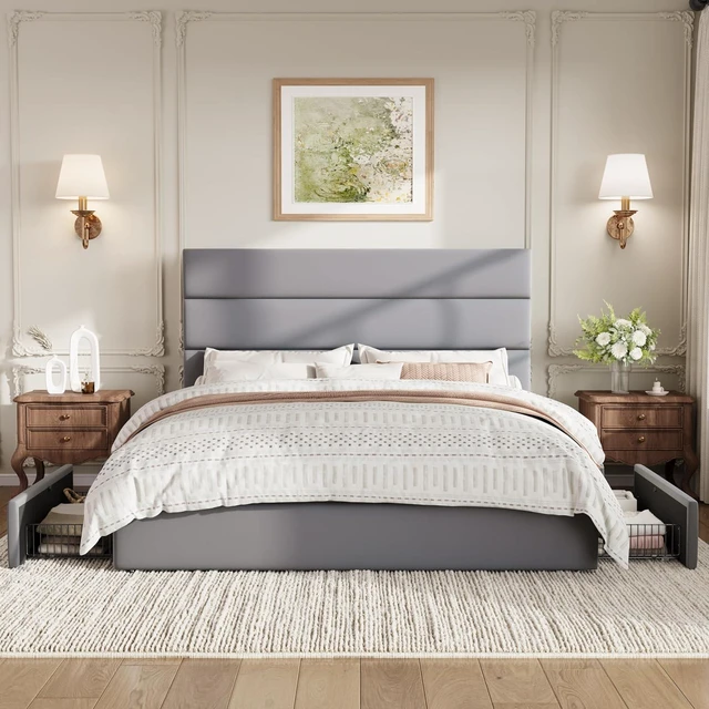 Alt view image 3 of 7 - Queen Size Platform Bed Frame with 4 Storage Drawers, Velvet Upholstered Headboard, Mattress Foundation with Wooden Slats Support, No Box Spring Needed, Easy Assembly, Grey