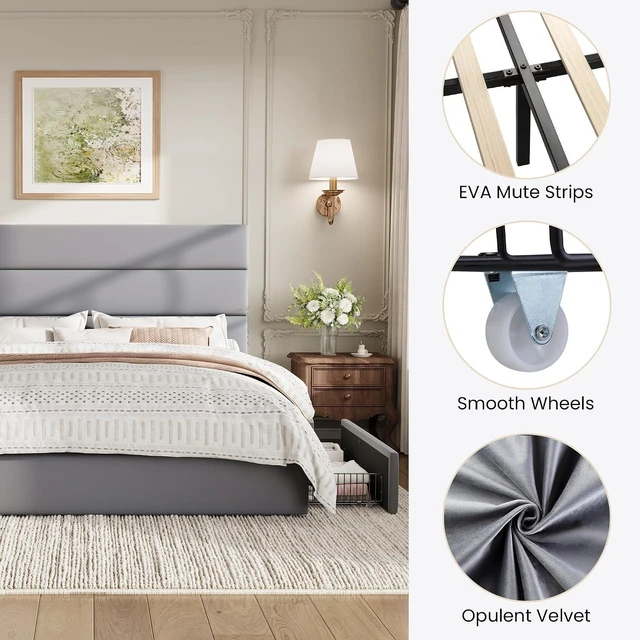 Alt view image 7 of 7 - Queen Size Platform Bed Frame with 4 Storage Drawers, Velvet Upholstered Headboard, Mattress Foundation with Wooden Slats Support, No Box Spring Needed, Easy Assembly, Grey