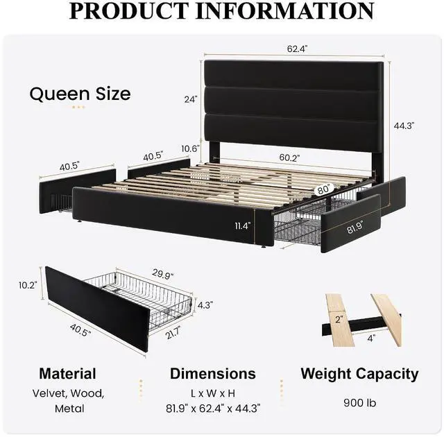 Alt view image 2 of 7 - Queen Size Platform Bed Frame with 4 Storage Drawers, Velvet Upholstered Headboard, Mattress Foundation with Wooden Slats Support, No Box Spring Needed, Easy Assembly, Black