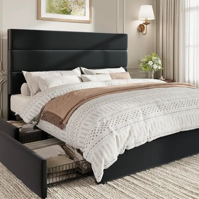 Main image of Queen Size Platform Bed Frame with 4 Storage Drawers, Velvet Upholstered Headboard, Mattress Foundation with Wooden Slats Support, No Box Spring Needed, Easy Assembly, Black