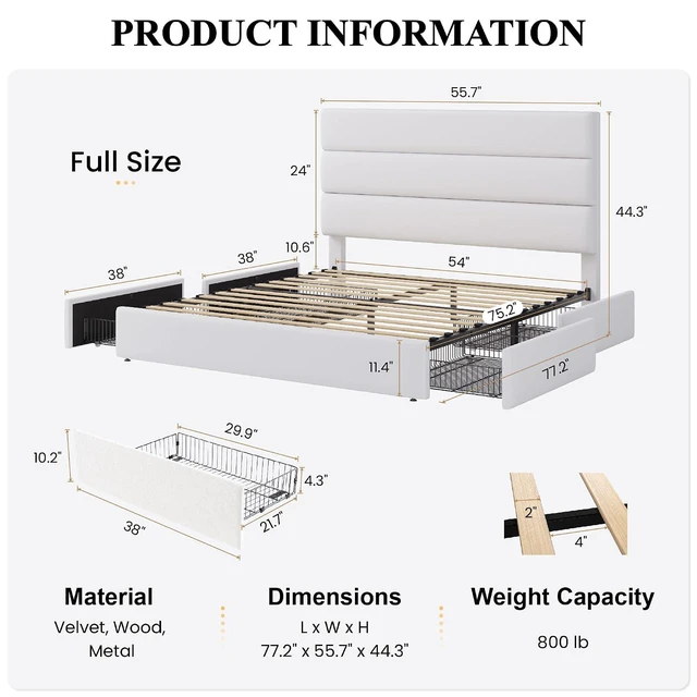 Alt view image 2 of 7 - Full Size Platform Bed Frame with 4 Storage Drawers, Velvet Upholstered Headboard, Mattress Foundation with Wooden Slats Support, No Box Spring Needed, Easy Assembly, White
