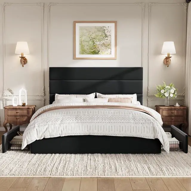 Alt view image 3 of 7 - Queen Size Platform Bed Frame with 4 Storage Drawers, Velvet Upholstered Headboard, Mattress Foundation with Wooden Slats Support, No Box Spring Needed, Easy Assembly, Black