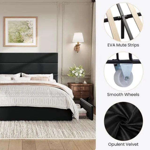 Alt view image 7 of 7 - Queen Size Platform Bed Frame with 4 Storage Drawers, Velvet Upholstered Headboard, Mattress Foundation with Wooden Slats Support, No Box Spring Needed, Easy Assembly, Black